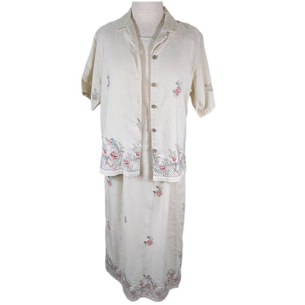 Keren Hart 2 Pc Midi Dress Linen Blend‎ Womens Medium Ivory Cream Embroidery